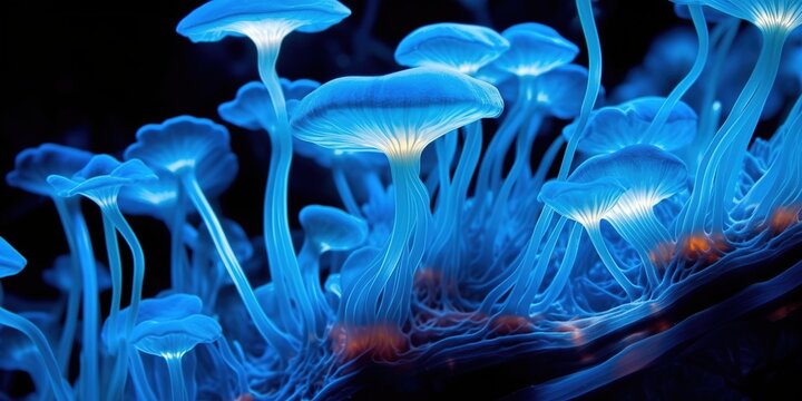 Magical mysterious mushrooms. Growing microorganisms. Generative AI. Illustration for for banner, poster, cover, brochure or presentation.