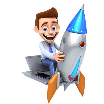 Start-up business success concept, 3d cartoon character cute businessman using a laptop computer and driving a rocket to reach the destination, isolate, created with Generative AI technology
