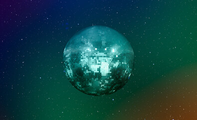 Obraz na płótnie Canvas Party disco mirror ball reflecting green lights with many stars 