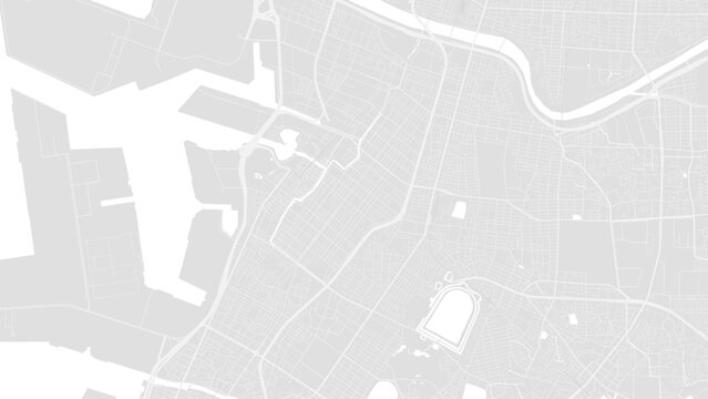 Background Sakai map, Japan, white and light grey city poster. Vector map with roads and water. Widescreen proportion, flat design roadmap.