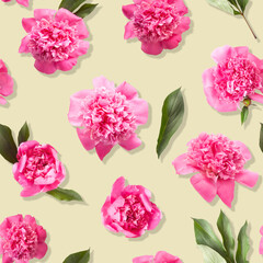 Seamless pattern of pink peony flowers on light beige background