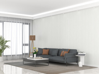 Interior living room with sofa and decorations. Scandinavian design. 3D render