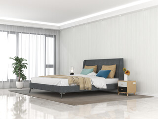 Interior living room with bed and decorations. Scandinavian design. 3D render