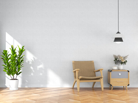 Interior living room with chair and decorations. Scandinavian design. 3D render
