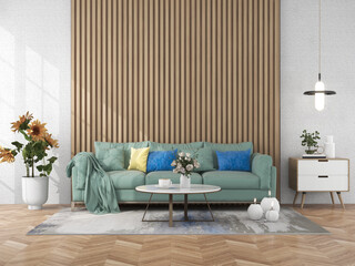 Interior living room with sofa and decorations. Scandinavian design. 3D render