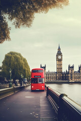 Fototapeta na wymiar London, the UK. Red bus in motion and Big Ben, the Palace of Westminster. The icons of England in vintage, retro style 