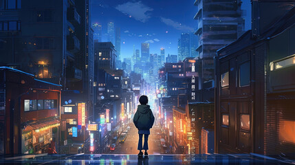 Anime character boy with cityscape background - obrazy, fototapety, plakaty