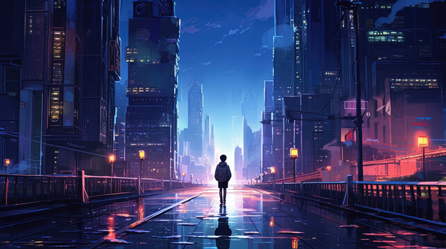 Anime character boy with cityscape background