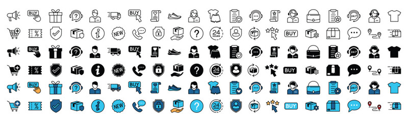 Shopping line and flat icons set. Online shopping, e-commerce icon collection. Shop, buy, delivery, cart, discount, online, button, new, protection, support, wistlist and other. Vector illustration