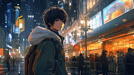 Fototapeta premium Anime character boy with cityscape background