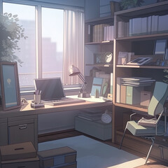 Anime modern study room with desk and window