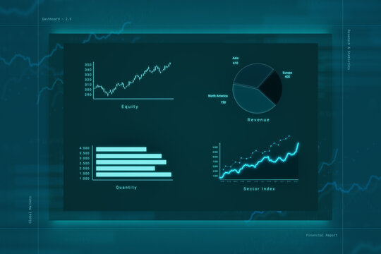Dasboard with stock chart, finanacial figurs, line graph, pie chart and bar graph. Financial report, business, data. Growth, rising chart, progress.