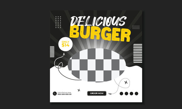 Burger Social Media Post Vector Illustration. Square Size, Food Promotion Simple Banner Frame, Social Media Post Food Template, Facebook Social Media Post Desing,