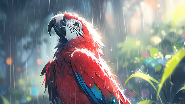 hand drawn cartoon parrot illustration in the rain
