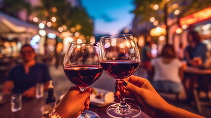 glass of wine  friends party summer evening friends drink wine in street cafe blurred candles light people relax  generated ai