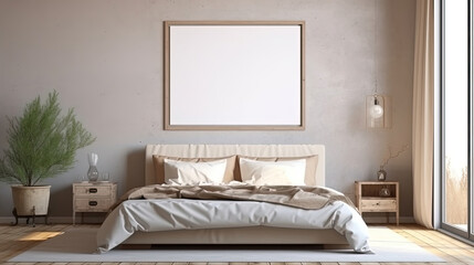 Fototapeta na wymiar Beautiful interior bedroom with an empty frame for mock up