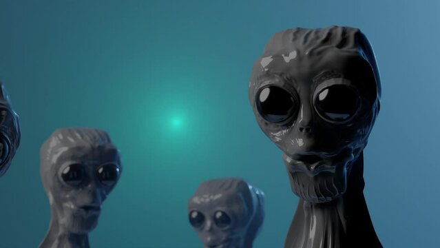 Aliens with big eyes in a blue fog.
Moving slow. 3D render animation 