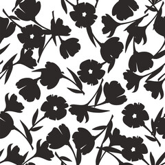 Floral pattern. Black and white seamless pattern with flowers silhouettes. Vector floral print