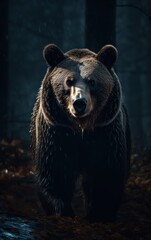 Close up photo of a wild, big Brown Bear, A bear, realistic bear at night, wild life, Generative AI