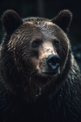 Naklejka na ściany i meble Close up photo of a wild, big Brown Bear, A bear, realistic bear at night, wild life, Generative AI