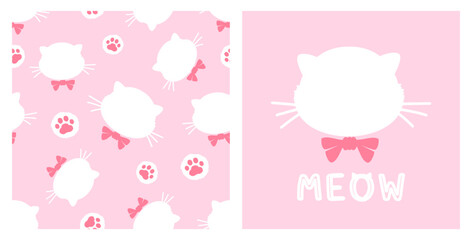 Seamless pattern of cat kitten with paw prints and bow tie on pink background. Cat face cartoon and hand written font vector illustration. Cute childish print.