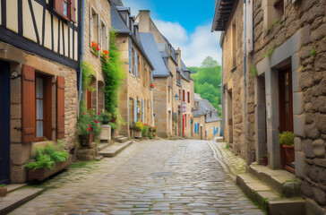 Fototapeta na wymiar Beautiful view of scenic narrow alley with historic traditional houses and cobbled street in an old town in Europe with blue sky and clouds in summer with retro vintage Instagram grunge filter effect 