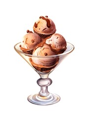 Chocolate ice cream balls in a glass saucer on white background in watercolor style. Generative AI.