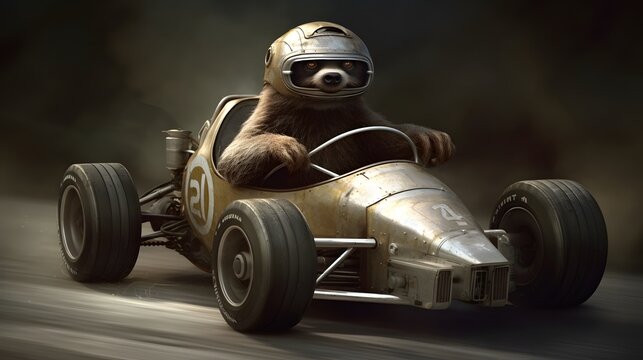 Sloth rides a race car. Generative AI
