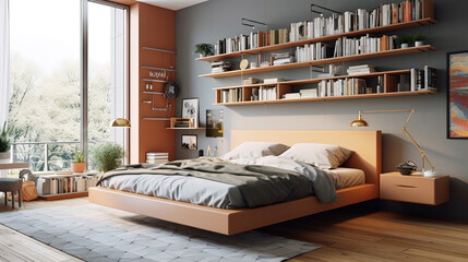 Bedroom with floating shelves on the wall