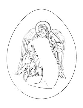Easter egg with archangel. Religious illustration to color black and white