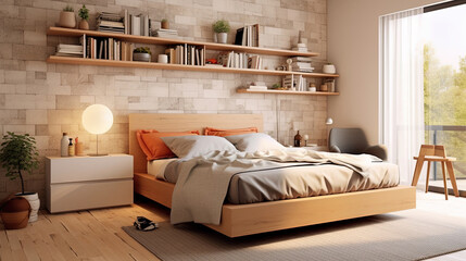 Bedroom with floating shelves on the wall