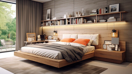 Bedroom with floating shelves on the wall