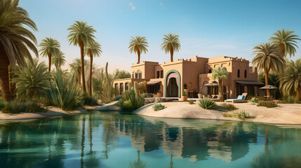 Fototapeta na wymiar the enchanting beauty of a desert oasis, with lush palm trees providing shade and a serene pool of sparkling blue water, surrounded by golden sand dunes and a backdrop of endless desert landscape
