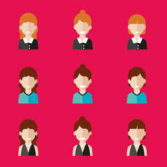Simple avatar icons of various business women. Icon isolated on pink background. Illustration vector.