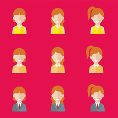 Simple avatar icons of various business women. Icon isolated on pink background. Illustration vector.