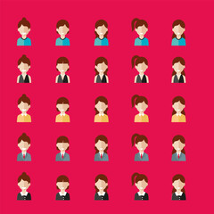 Simple avatar icons of various business women. Icon isolated on pink background. Illustration vector.