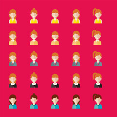 Simple avatar icons of various business women. Icon isolated on pink background. Illustration vector.