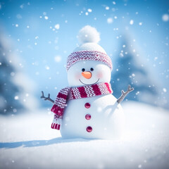 Fototapeta premium Funny snowman on Christmas holiday winter background, Merry Christmas and Happy Holidays wishes, generative ai