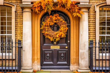 Autumn wreath decoration on a classic door entrance, welcoming autumn holiday season with autumnal decorations, generative ai - obrazy, fototapety, plakaty