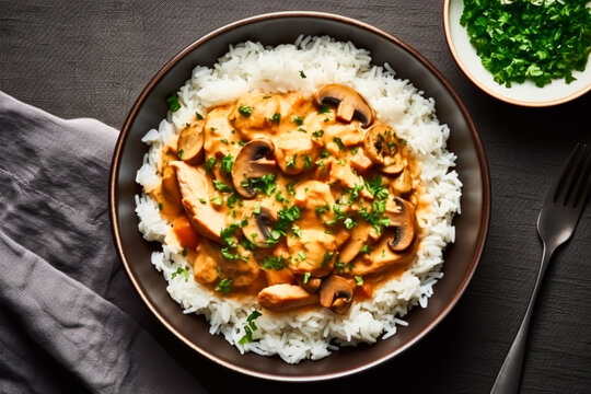 Rice with chicken and mushroom sauce, food and diet, as meal for lunch or dinner, tasty recipe, post-processed, generative ai