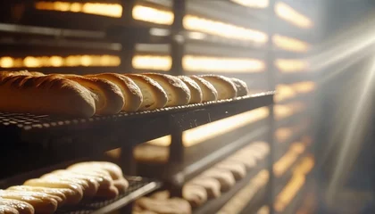 Photo sur Plexiglas Boulangerie Bakery in the morning, hot fresh bread and pastry baking in the old town bakery, freshly baked products on shelves and the oven, small local business and food production. Generative Ai