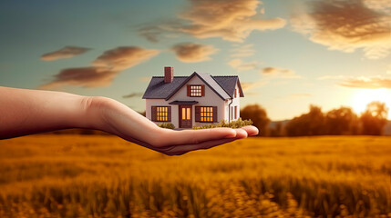Concept of buying or building new home. Humen hand showing, offering a new dream house at the empty field with copy space