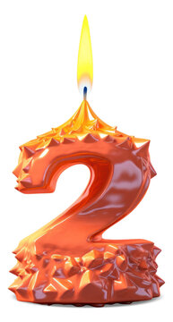 Birthday candle of number 2 for 2snd year anniversary. Glowing figure-shaped wax candlelight with flame for party cake for age two. Generative AI.