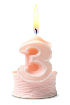 Birthday candle of number 3 for 3rd year anniversary. Glowing figure-shaped wax candlelight with flame for party cake for age three. Generative AI.