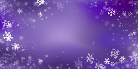 Naklejka na ściany i meble Magical falling snow flakes design. Snowfall fleck crystallic granules. Snowfall weather white purple wallpaper. Bokeh snowflakes december theme. Snow hurricane scenery.