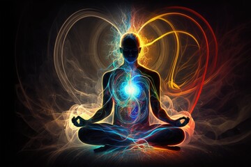 Meditation, galaxy, and chakras are various focal points used in various ancient meditation practices. Generative AI.	
