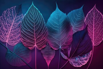 Background with neon light leaves. Generative AI.