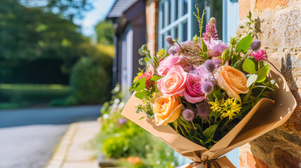 Flower shop delivery and holiday gift postal service, beautiful bouquet of flowers on a house doorstep in the countryside, generative ai - obrazy, fototapety, plakaty