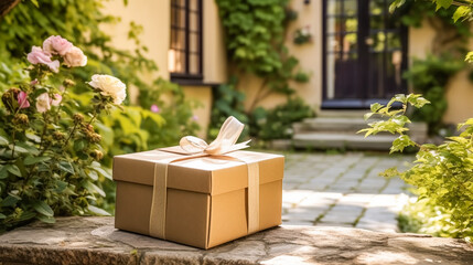 Elegant gift shop delivery, postal service and luxury online shopping, parcel box with a bow on a house doorstep in the countryside, generative ai