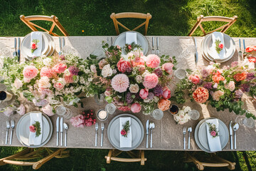 Country tablescape, formal dinner table setting, table scape with strawberry decoration for wedding party and holiday event celebration, generative ai